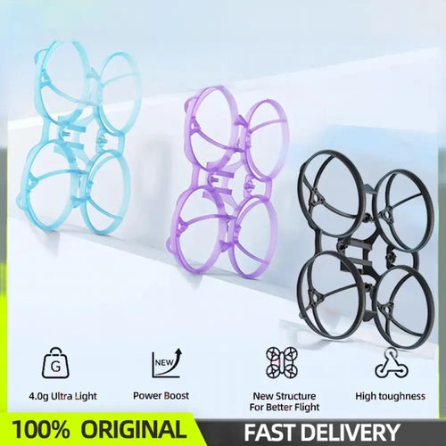 Cadres de drone Whoop Air75 II légers en composite, disponibles en bleu, violet et noir.