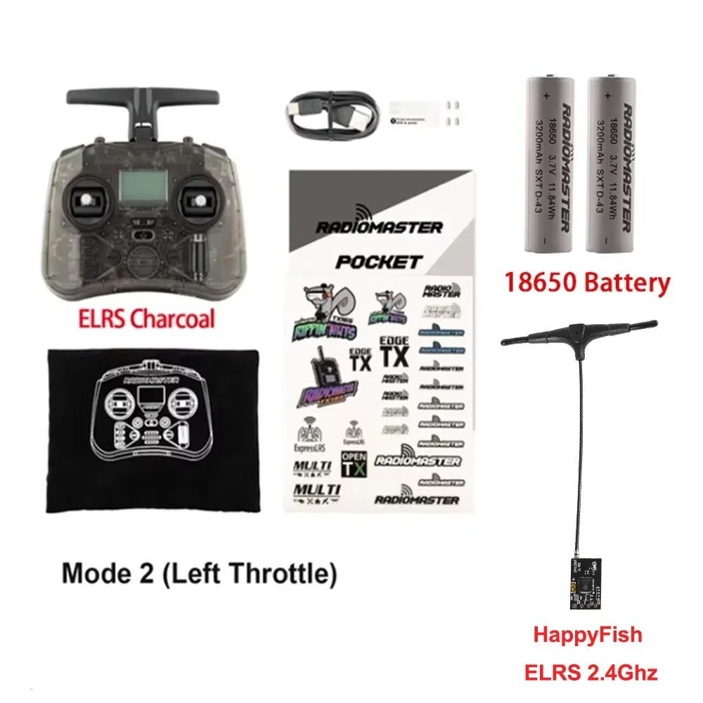Radiomaster Pocket ELRS Charcoal compact transmitter, batteries, antenna, and accessories.
