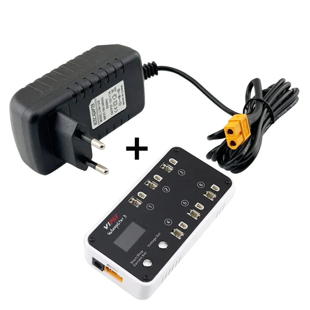 Chargeur VIFLY WhoopStor 3 V3 blanc et noir avec 6 ports 1S LIPO et adaptateur secteur noir.