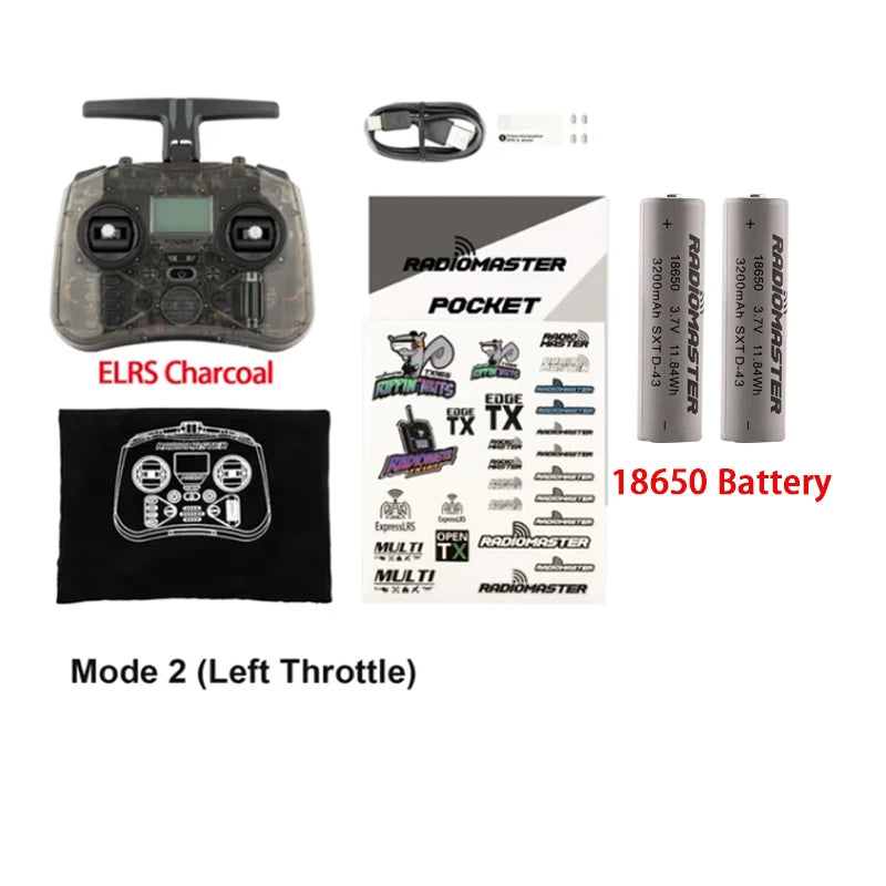 Radiomaster Pocket ELRS Charcoal émetteur compact avec joysticks détachables, câble USB, autocollants et deux batteries 18650.