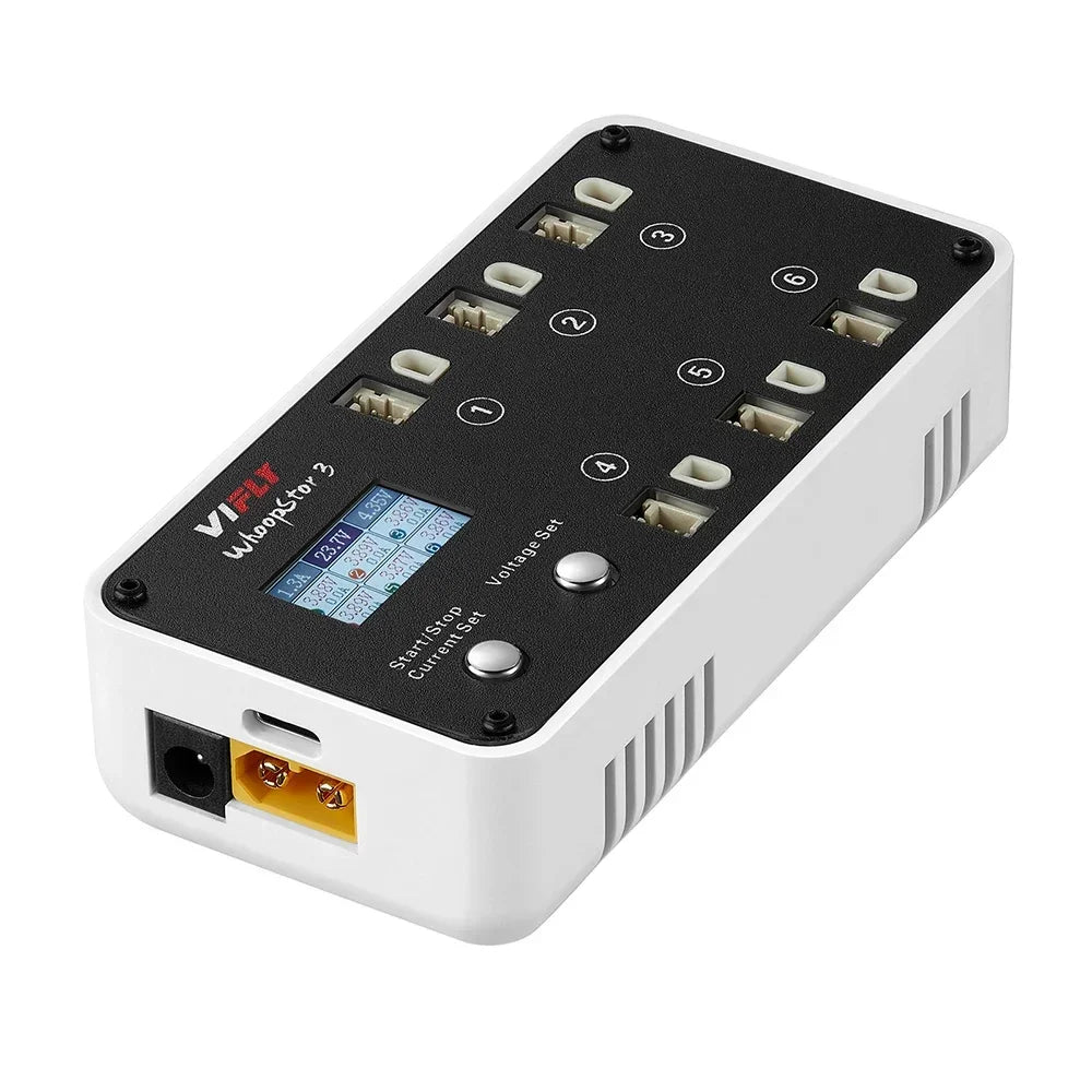 Chargeur VIFLY WhoopStor 3 V3 blanc pour batteries 1S LiPo, avec 6 ports et écran LCD.