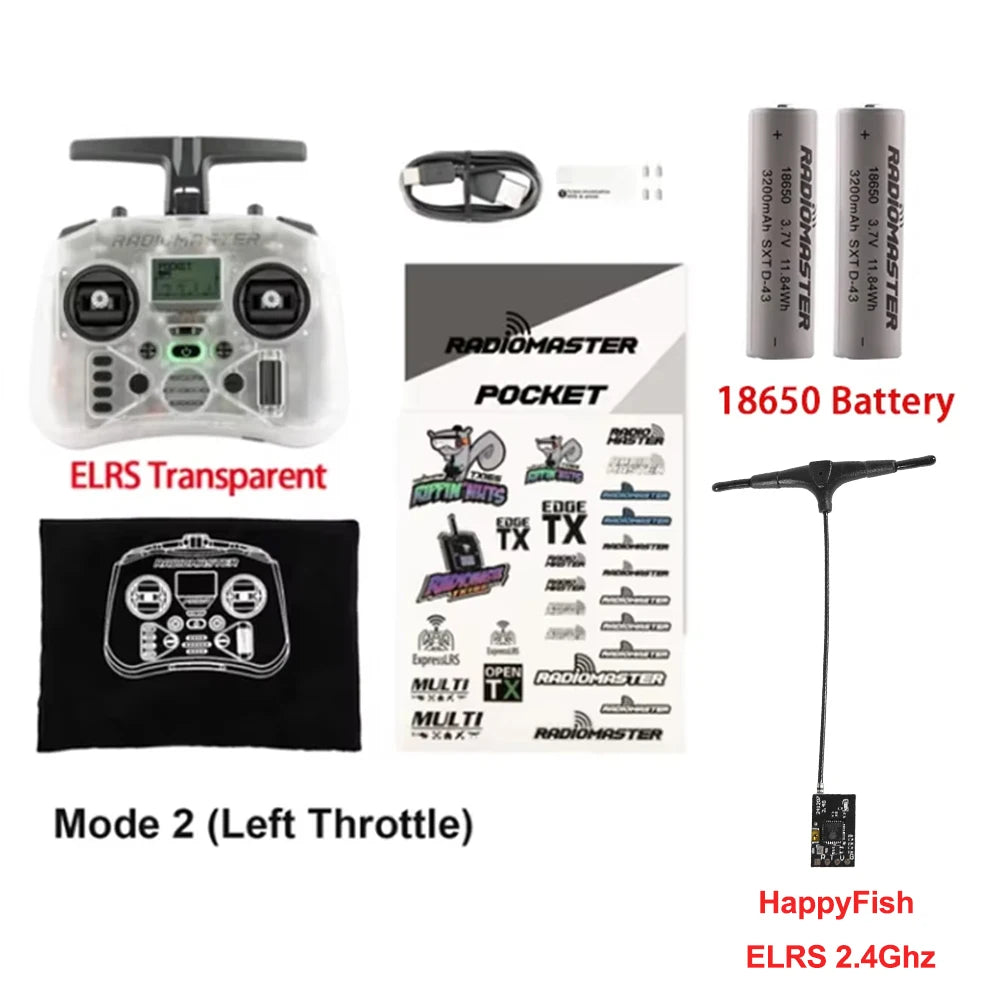 Radiomaster Pocket ELRS transparent, télécommande compacte pour drone FPV avec joystick détachable, batteries 18650.