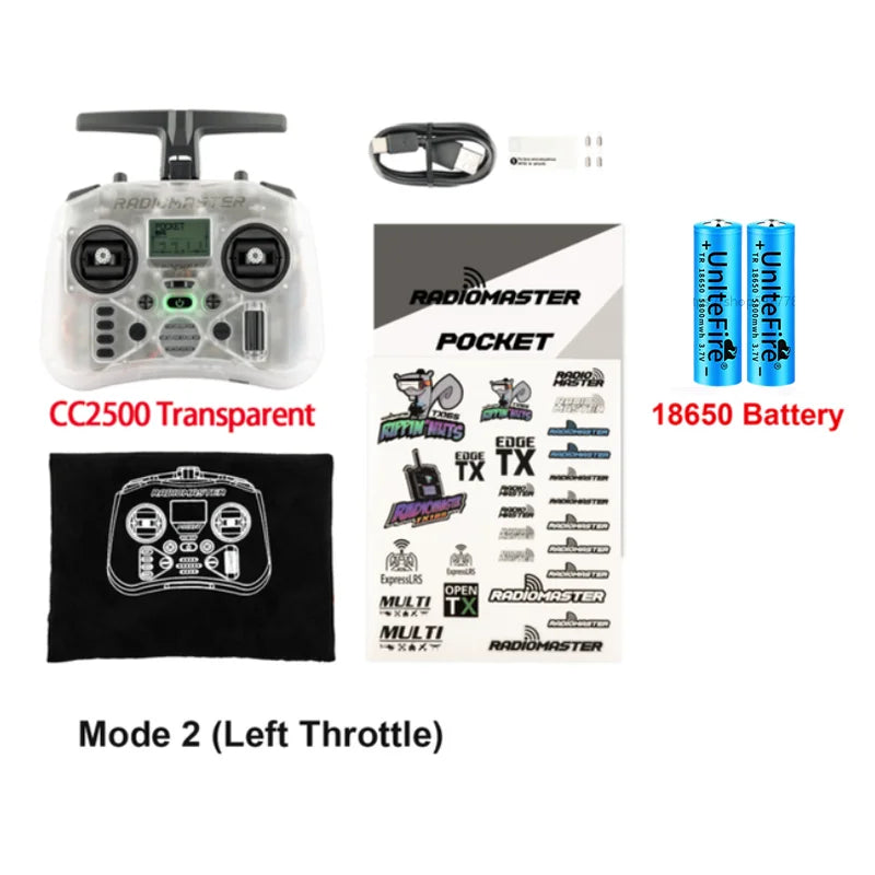 Radiomaster Pocket CC2500 transparent transmitter with detachable joysticks, USB cable, stickers, and two 18650 batteries.