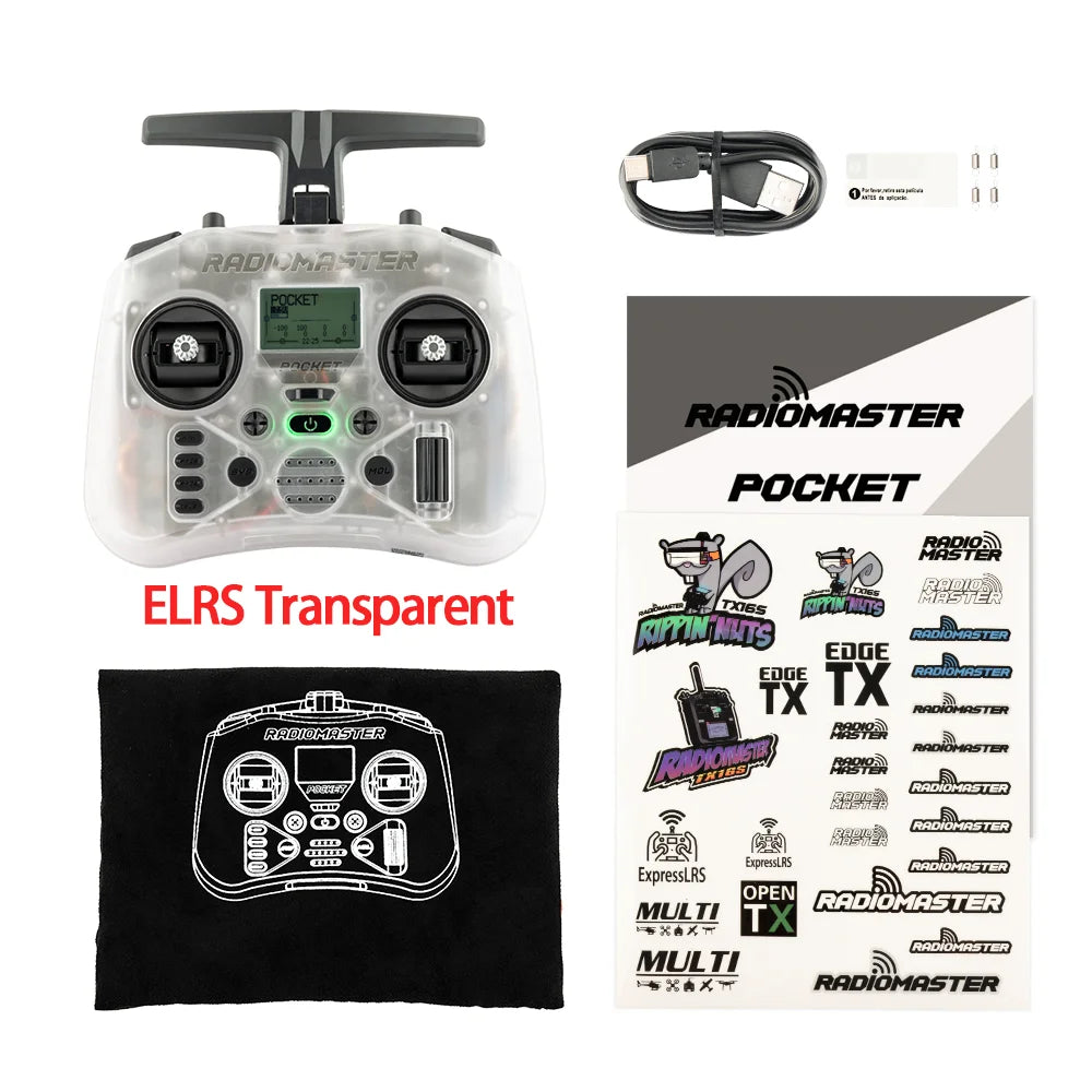 Radiomaster Pocket ELRS Transparent, télécommande compacte pour drone FPV avec joysticks détachables et accessoires.