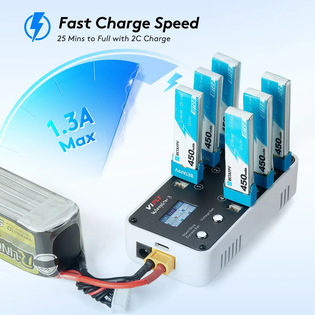 Chargeur VIFLY WhoopStor 3 blanc avec 6 ports et écran, chargeant des batteries LiPo bleues.