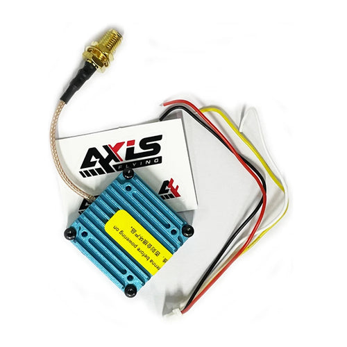 Axisflying VTX 5.8G 1.6W, émetteur vidéo analogique bleu avec dissipateur thermique, câbles et connecteur doré.