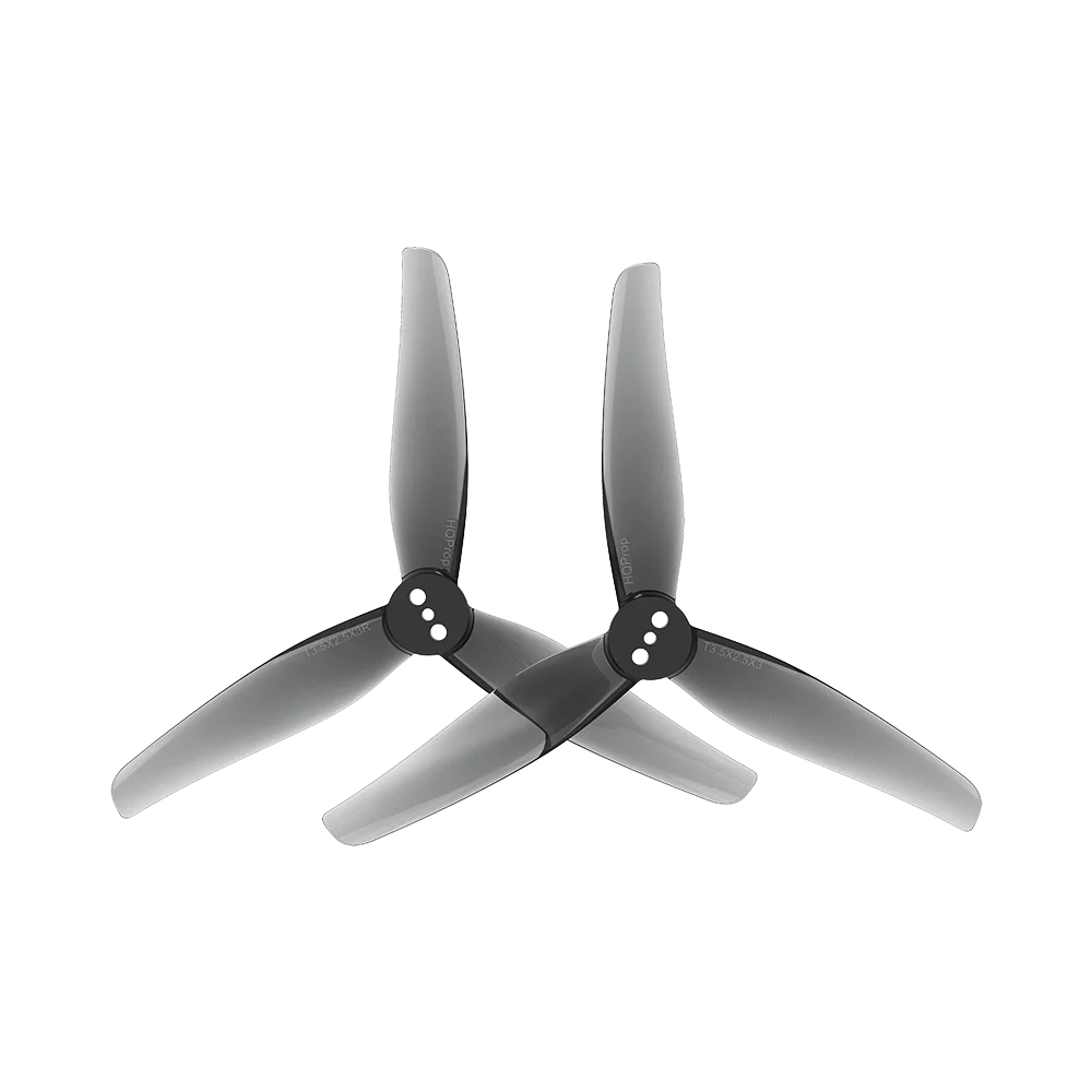 Deux hélices HQProp T3.5X2.5X3 3.5 pouces, 3 pales, gris fumé, pour drone FPV.