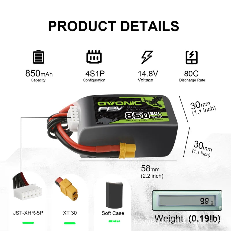 Batterie Lipo HOT OVONIC 650/850/1000/1300/1550/2200mAh 100/80/35C 3S/4S/6S pour hélicoptère RC, quadricoptère, drone de course FPV