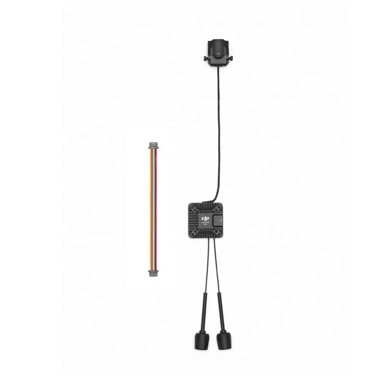 Unité aérienne DJI O4 Pro FPV VTX noire avec caméra HD 4K, antennes et câble plat multicolore.