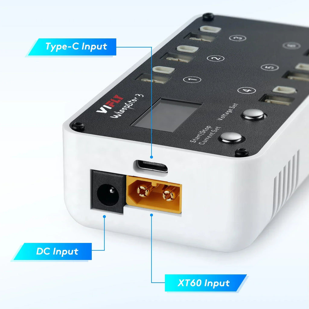 Chargeur blanc VIFLY WhoopStor 3 V3 avec entrées Type-C, DC et XT60, et 6 ports de charge.