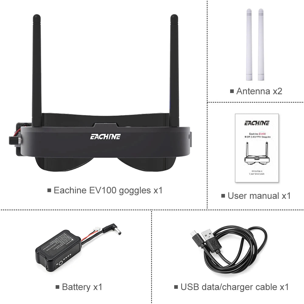 Eachine EV100 720*540 5.8G 72CH FPV lunettes avec double antenne ventilateur 18650 boîtier de batterie pour Drone RC