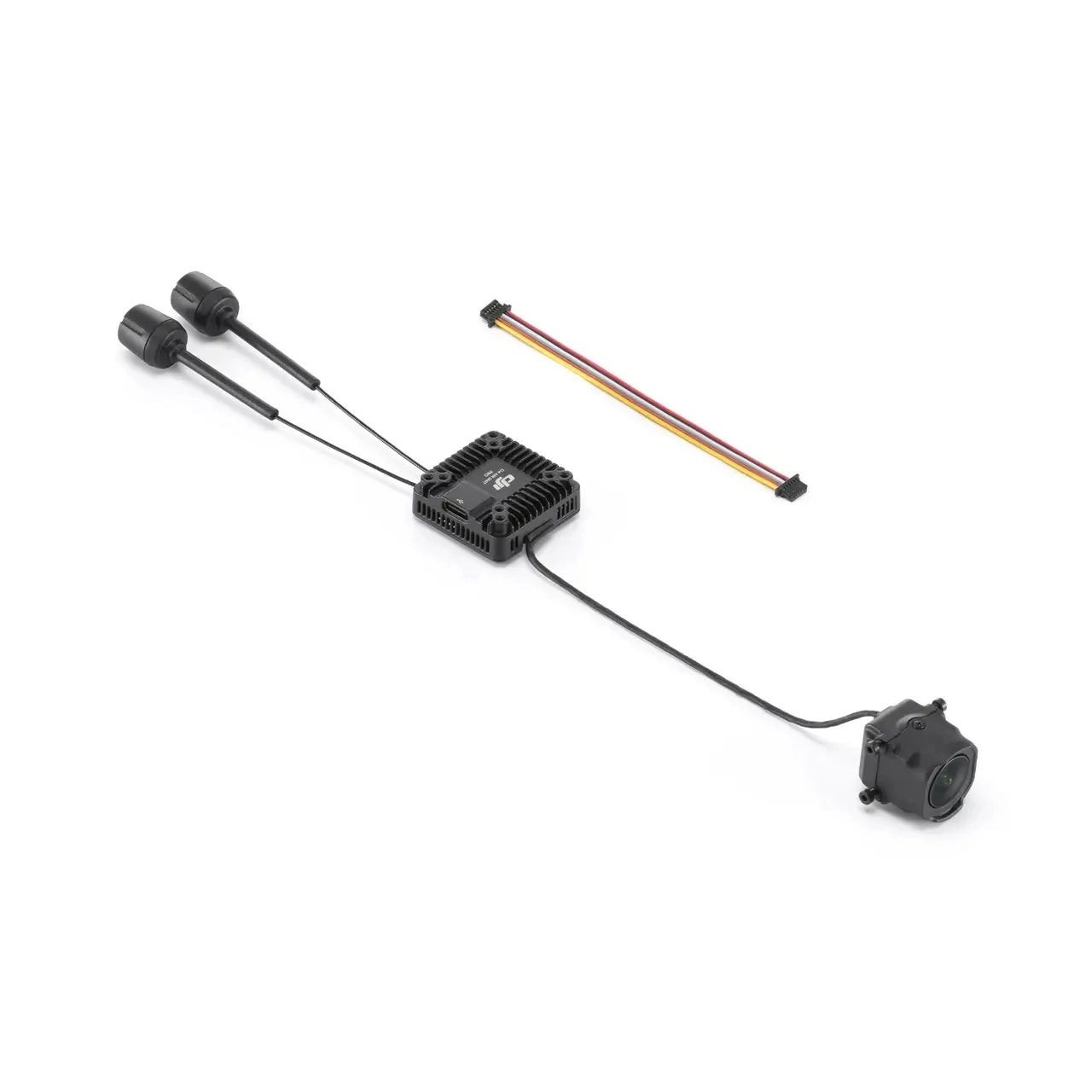 Unité aérienne DJI O4 Pro FPV VTX noire avec caméra HD 4K, deux antennes et câbles.