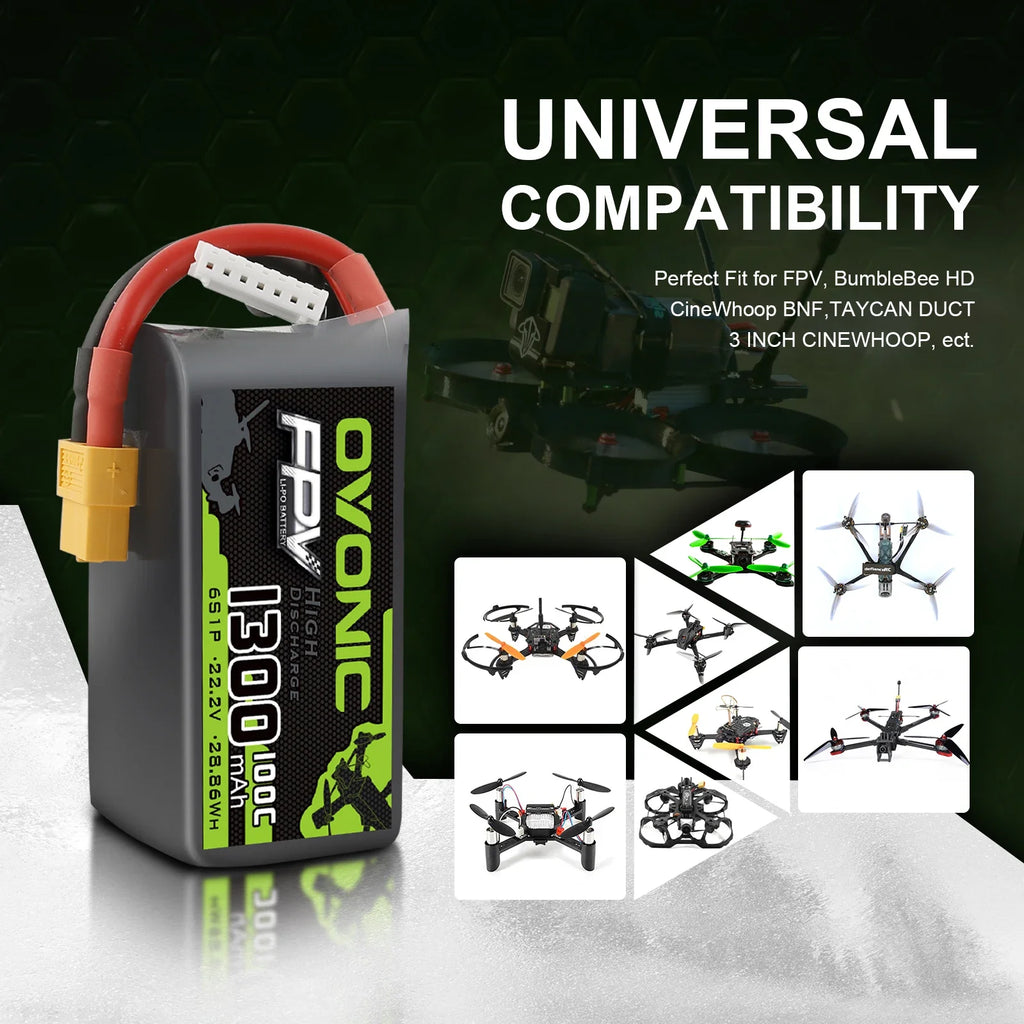 Batterie Lipo OVONIC 6S 4S 1300mAh 100C 22.2V avec connecteur XT60 pour drone de course, quadricoptère RC, hélicoptère, UAV et autres batteries d'avions