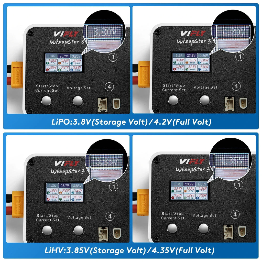 Chargeur VIFLY WhoopStor 3 noir avec 6 ports 1S LIPO, affichant différentes tensions de batterie.