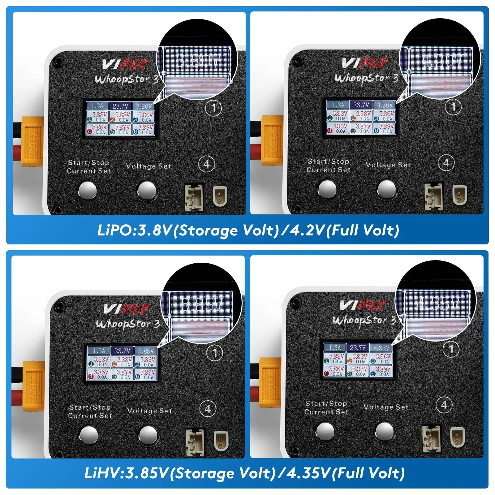 Chargeur VIFLY WhoopStor 3 noir avec 6 ports 1S LIPO, affichant différentes tensions de batterie.