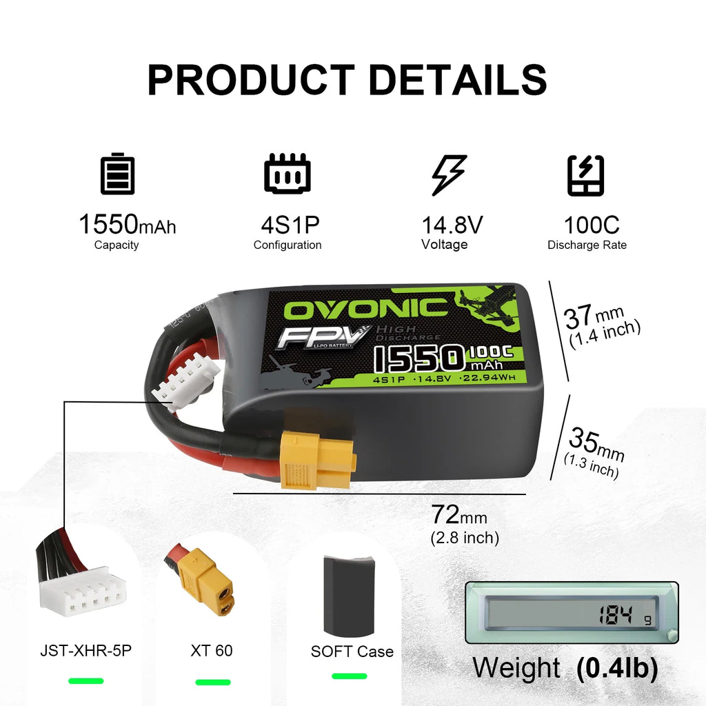 Batterie Lipo OVONIC 6S 4S 1300mAh 100C 22.2V avec connecteur XT60 pour drone de course, quadricoptère RC, hélicoptère, UAV et autres batteries d'avions