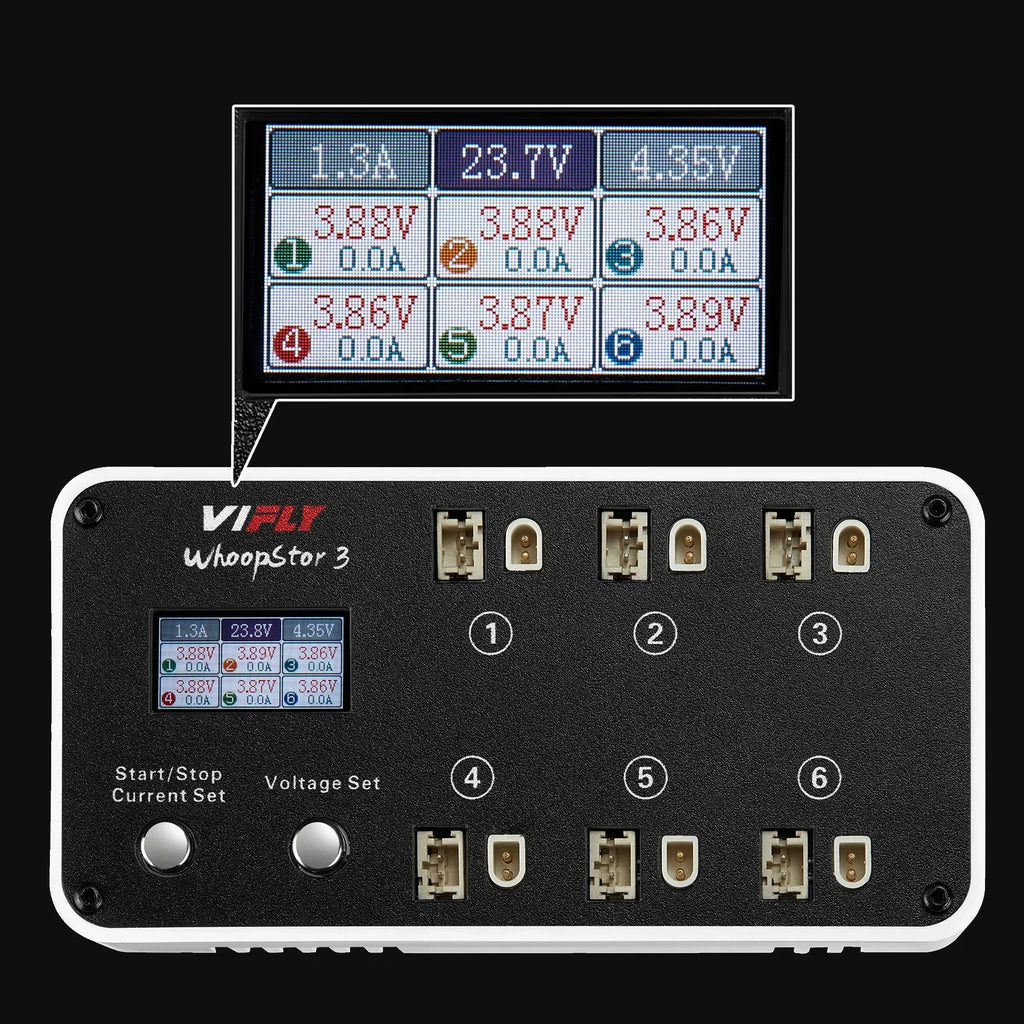 Chargeur VIFLY WhoopStor 3 noir et blanc avec écran LCD affichant les niveaux de batterie pour 6 ports.