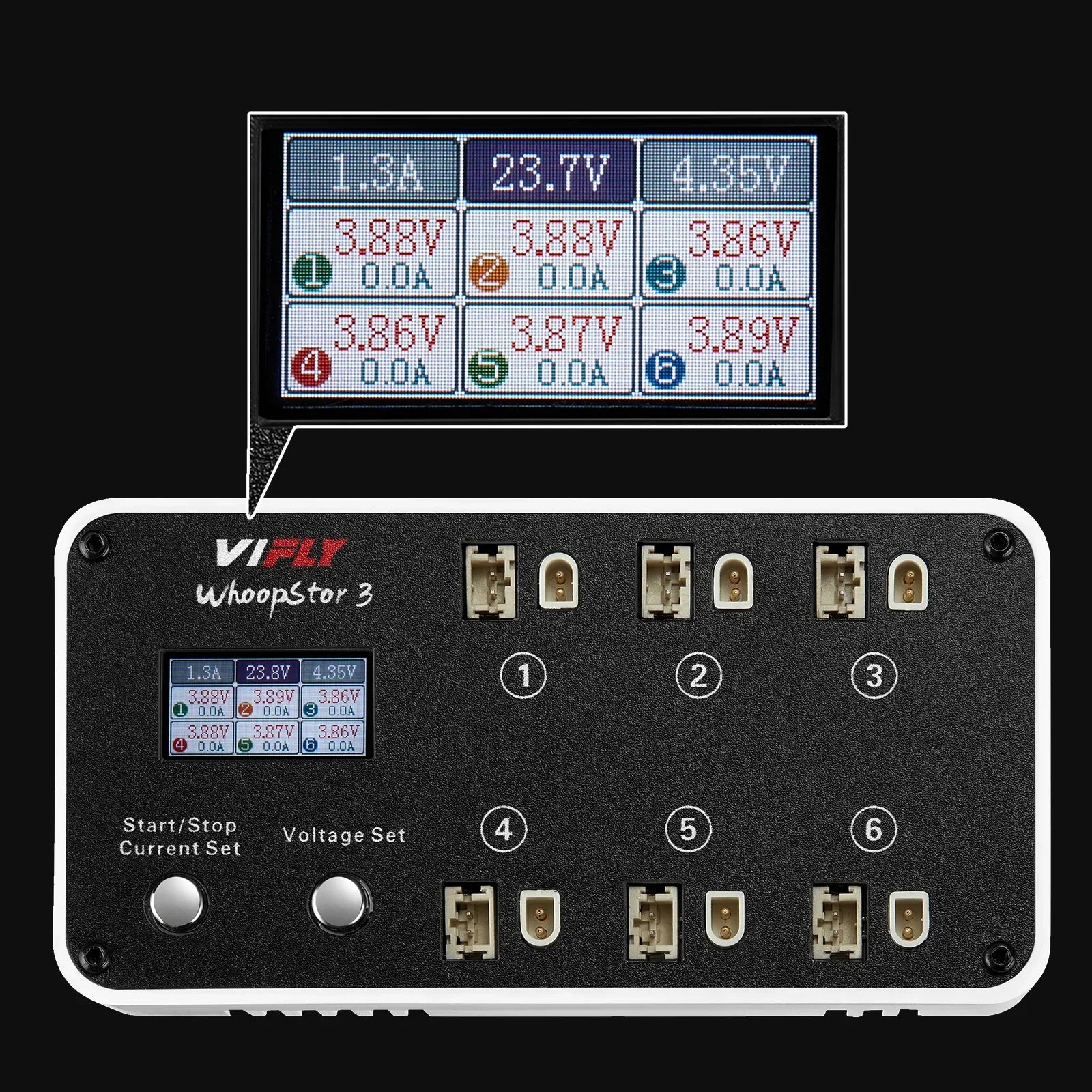 Chargeur VIFLY WhoopStor 3 noir et blanc avec écran LCD affichant les niveaux de batterie pour 6 ports.