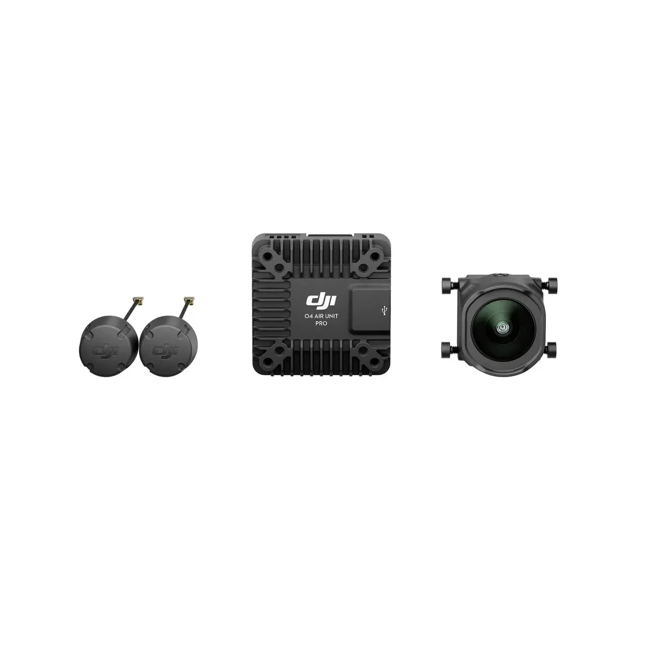 Unité aérienne DJI O4 Pro noire avec module VTX, caméra 4K et deux antennes rondes.