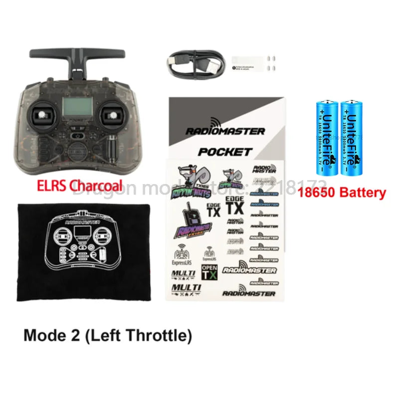 Radiomaster Pocket 2.4G ELRS Charcoal transmitter, USB cable, stickers, two 18650 batteries, and black cloth.