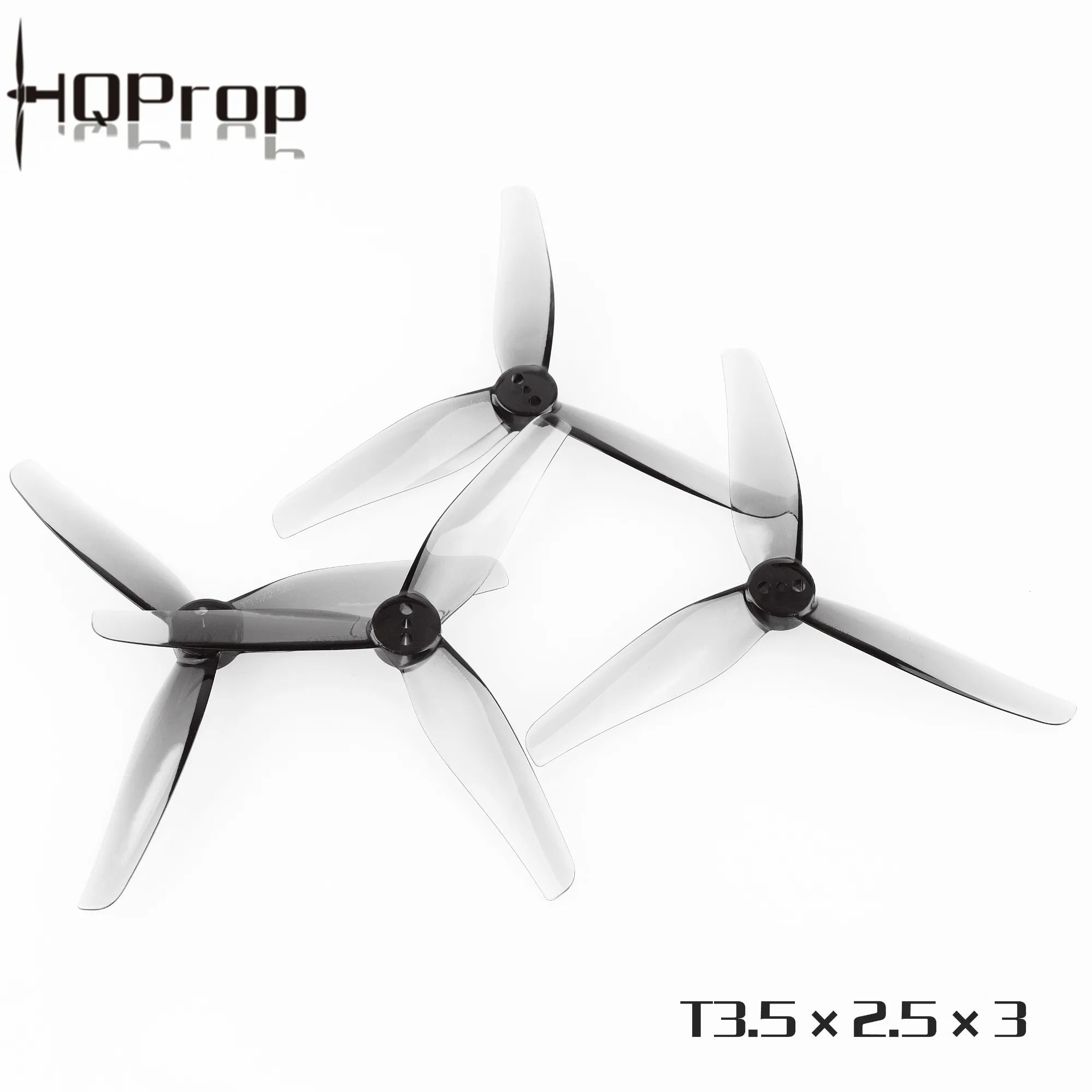 Quatre hélices HQProp T3.5X2.5X3 transparentes fumées à 3 pales pour drone FPV.