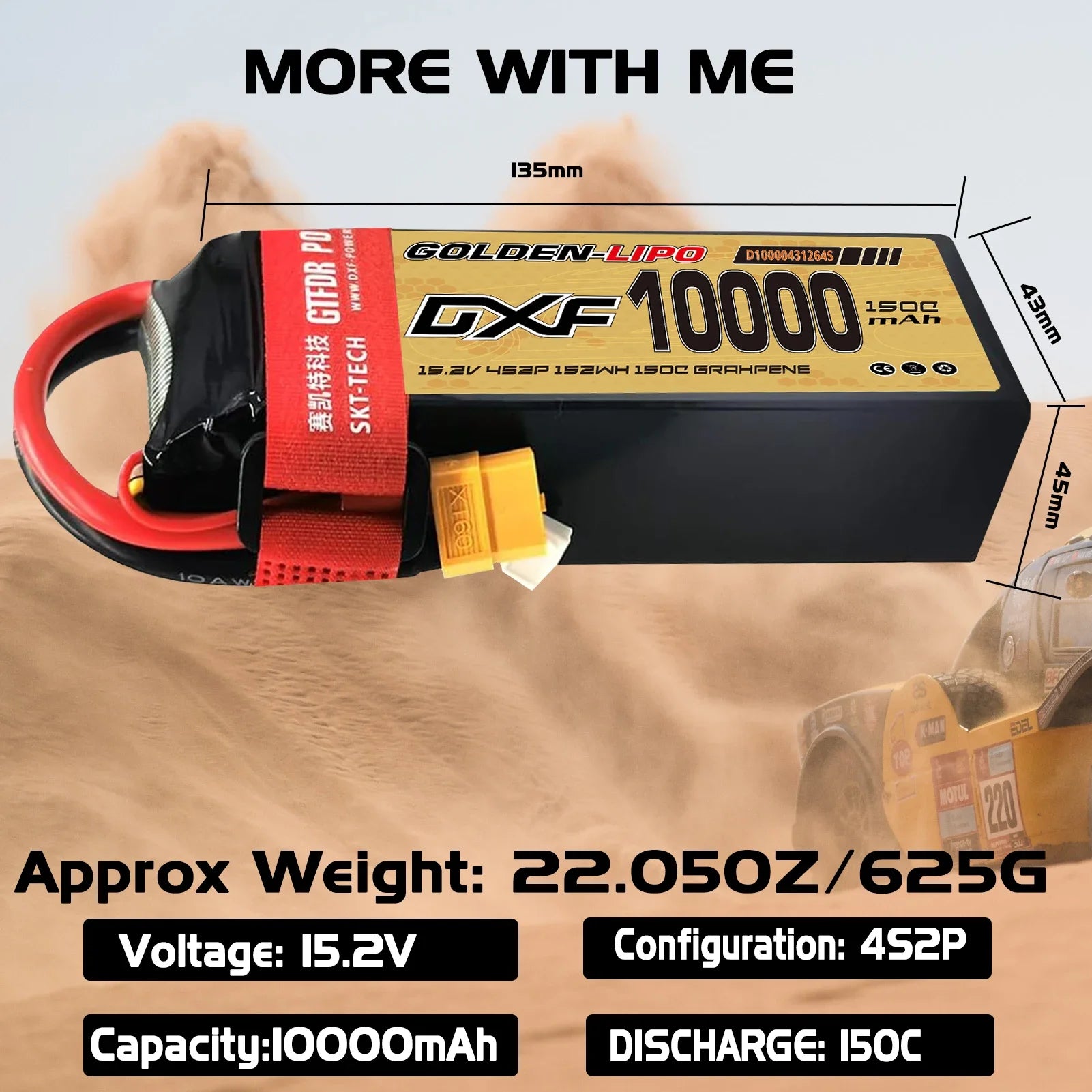 Batterie Lipo DXF 4S 10000mah 15.2V 150C Prise XT60 Boîtier rigide pour voiture RC Buggy Truggy Tout-terrain Voiture Bateau Camion Avion UAV RACING