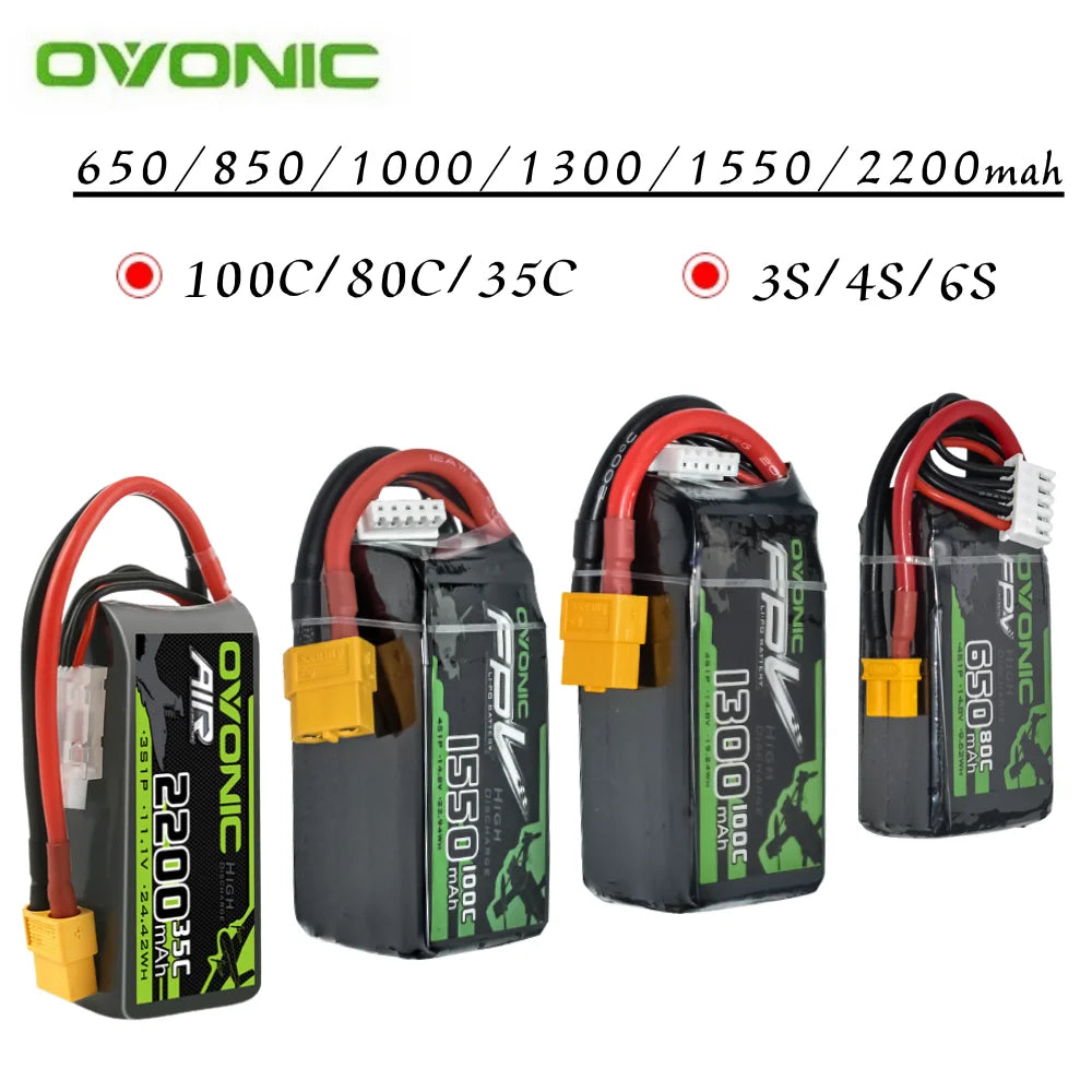 Batterie Lipo HOT OVONIC 650/850/1000/1300/1550/2200mAh 100/80/35C 3S/4S/6S pour hélicoptère RC, quadricoptère, drone de course FPV