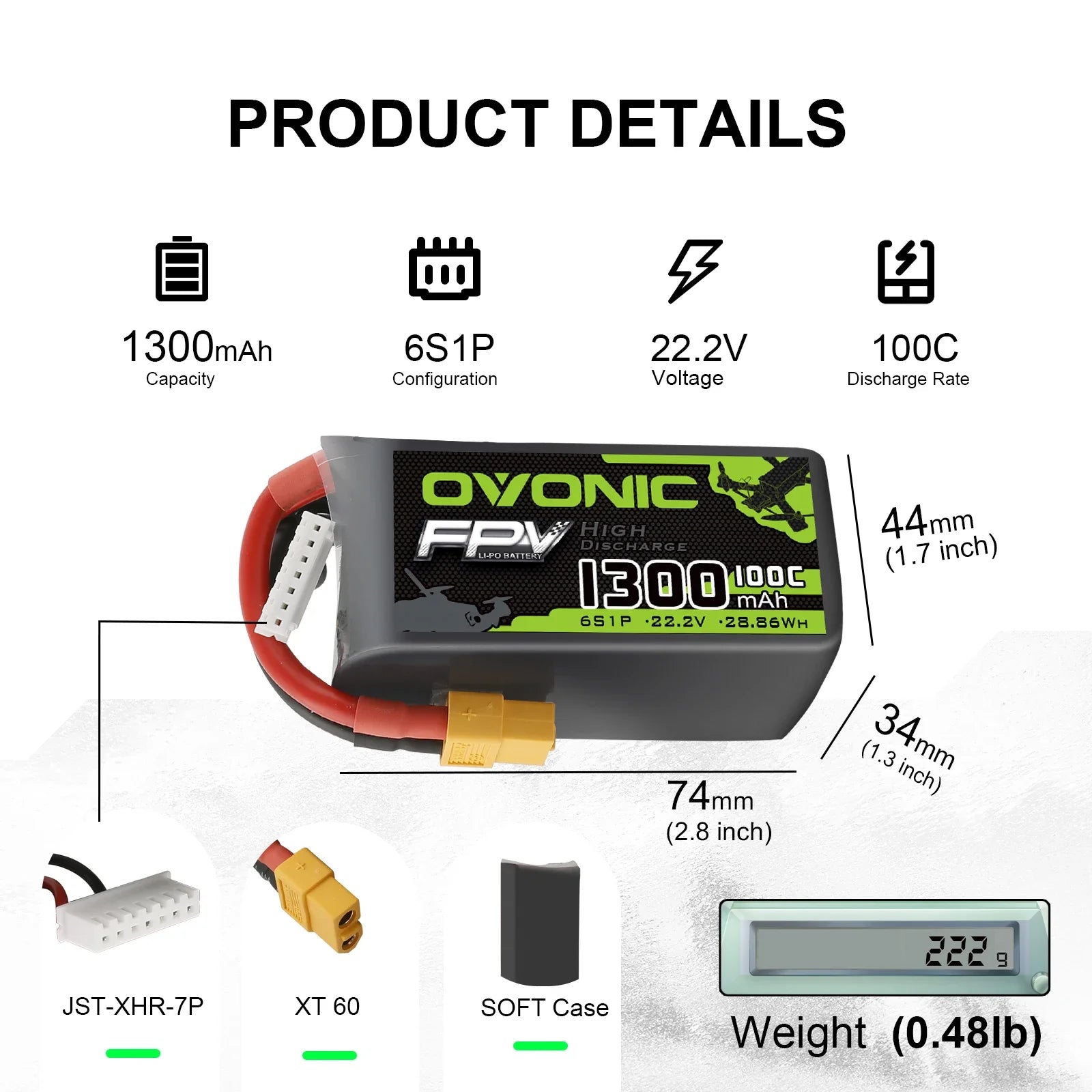Batterie Lipo OVONIC 6S 4S 1300mAh 100C 22.2V avec connecteur XT60 pour drone de course, quadricoptère RC, hélicoptère, UAV et autres batteries d'avions