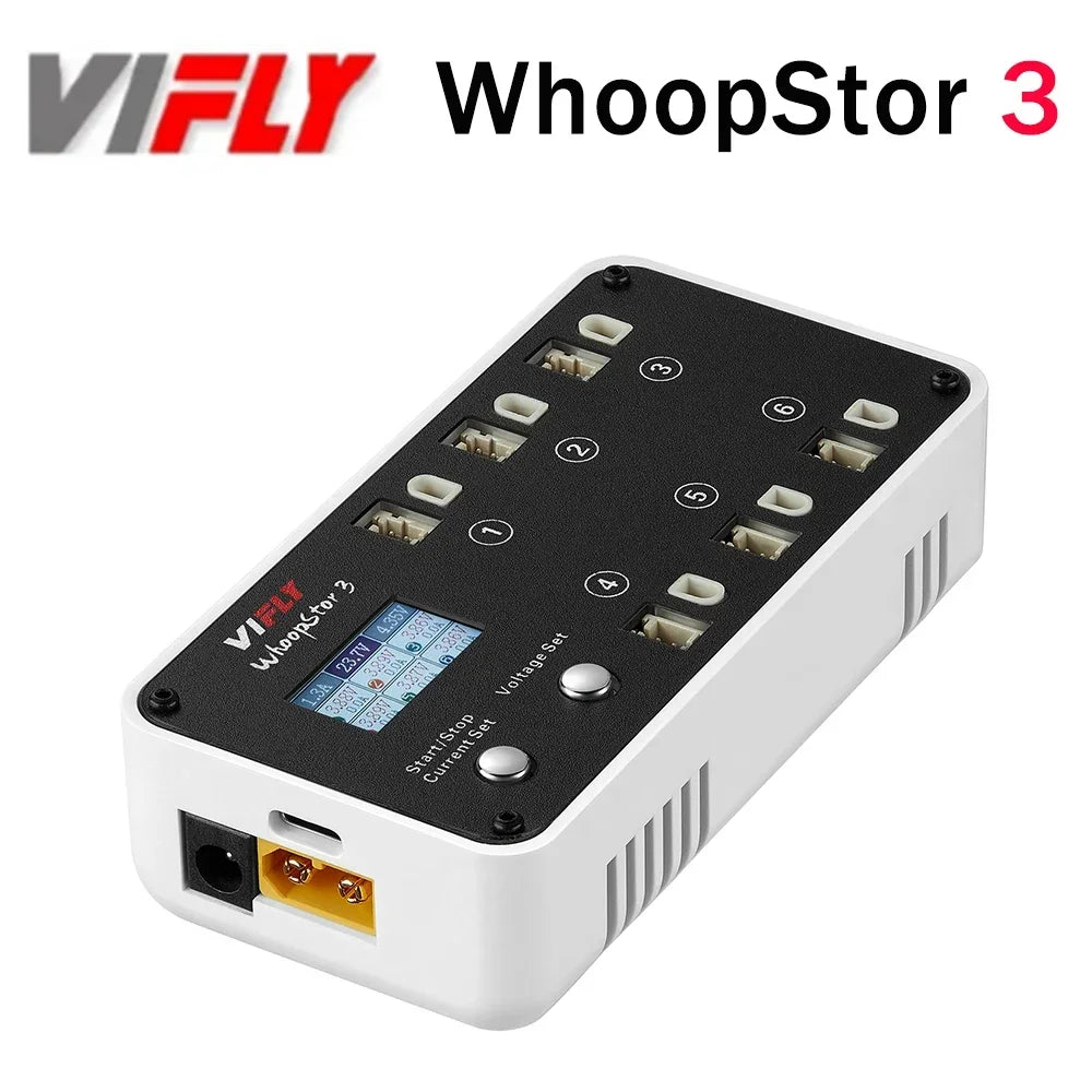 Chargeur VIFLY WhoopStor 3 V3 blanc pour 6 batteries 1S LiPo avec écran LCD et ports BT2.0/PH2.0.