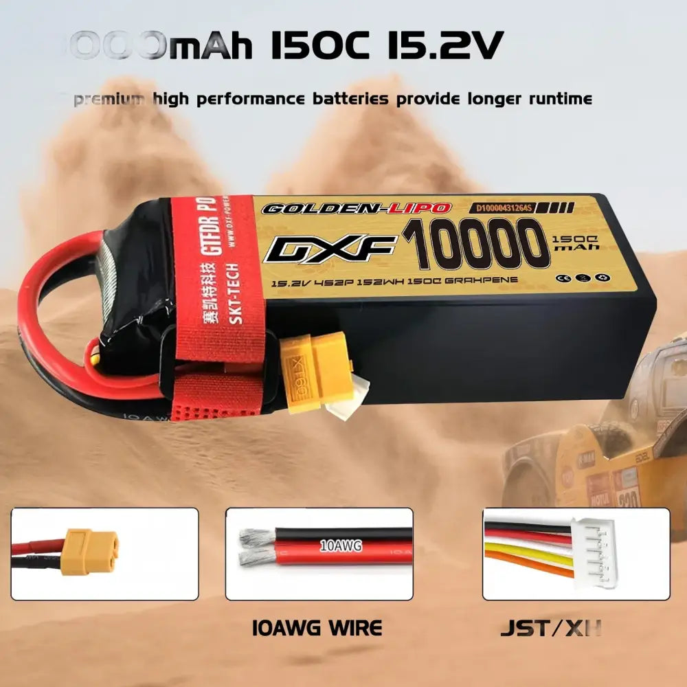 Batterie Lipo DXF 4S 10000mah 15.2V 150C Prise XT60 Boîtier rigide pour voiture RC Buggy Truggy Tout-terrain Voiture