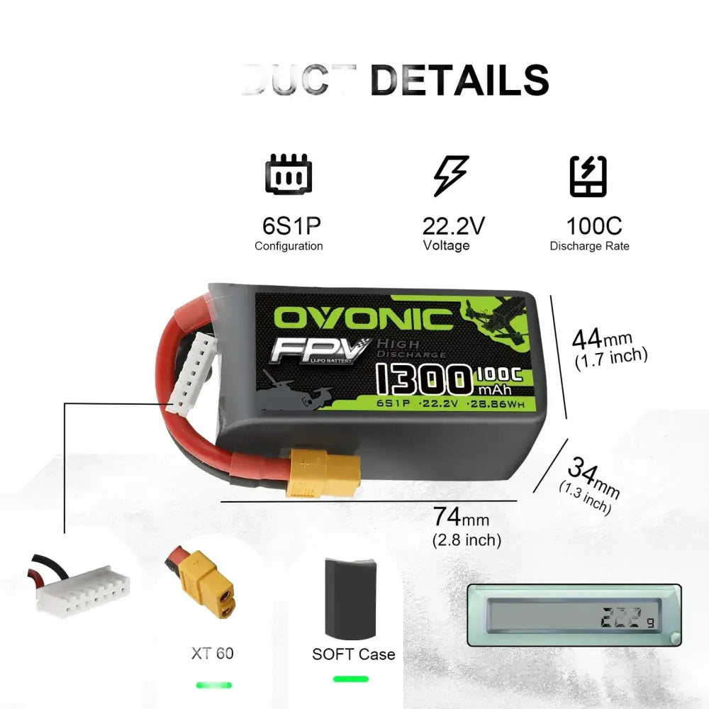 Batterie Lipo OVONIC 6S 4S 1300mAh 100C 22.2V avec connecteur XT60 pour drone de course quadricoptère RC hélicoptère
