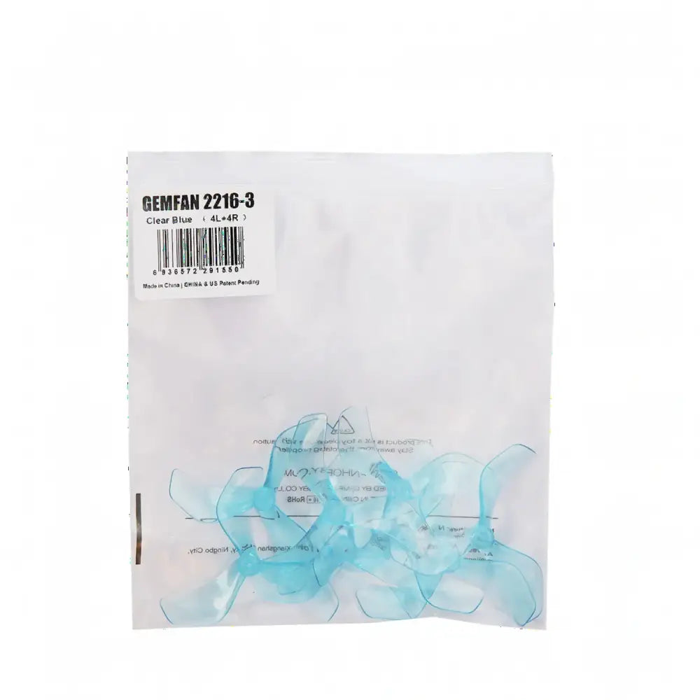 Hélices Gemfan 2216-3 bleues translucides à 3 pales pour drones FPV, emballées.