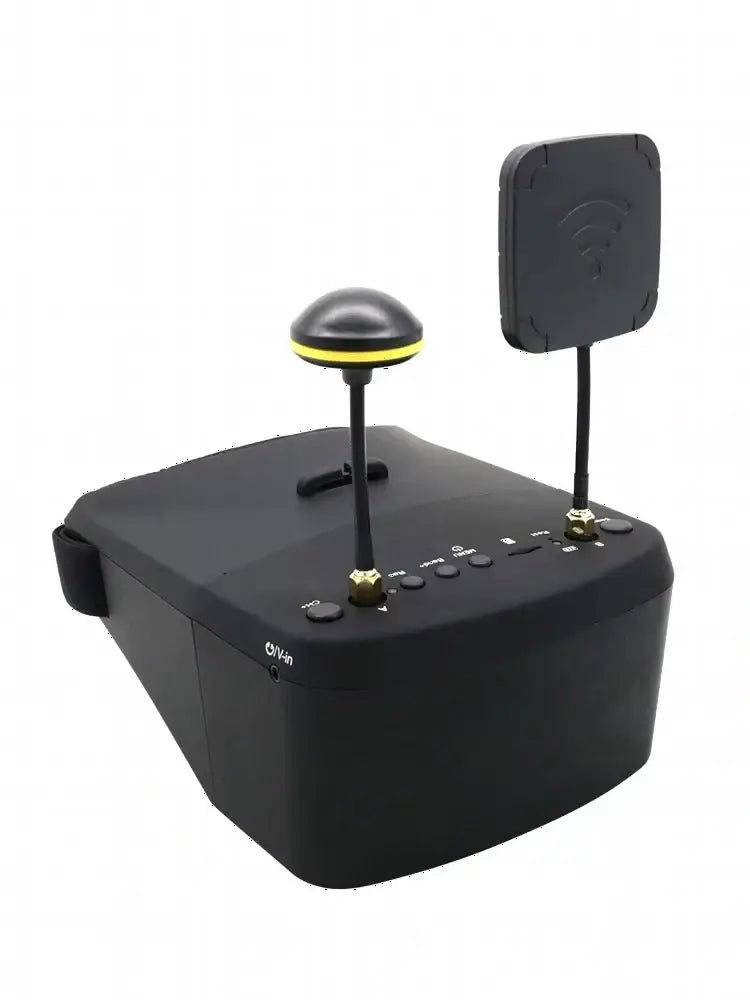 Lunettes vidéo FPV EV800D noires avec antennes diversité, écran 5 pouces et DVR intégré.