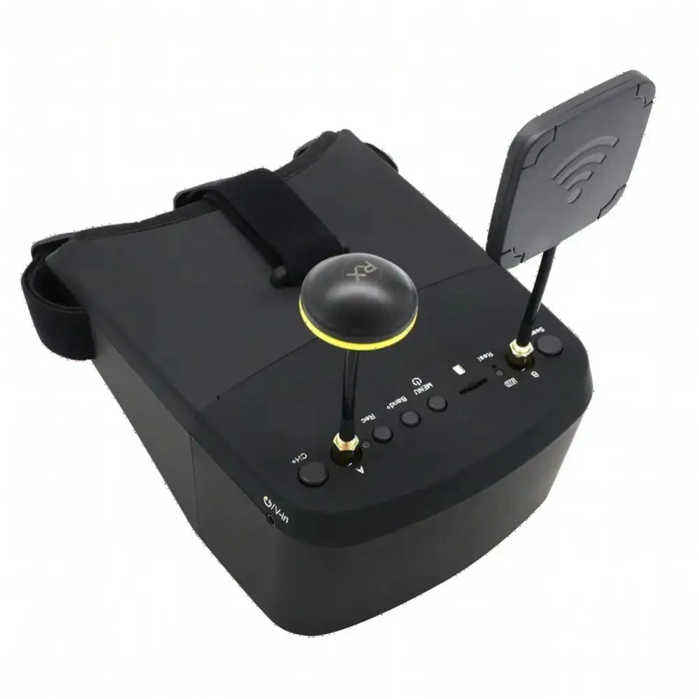 Lunettes vidéo FPV EV800D noires avec antennes diversity et écran 5 pouces.