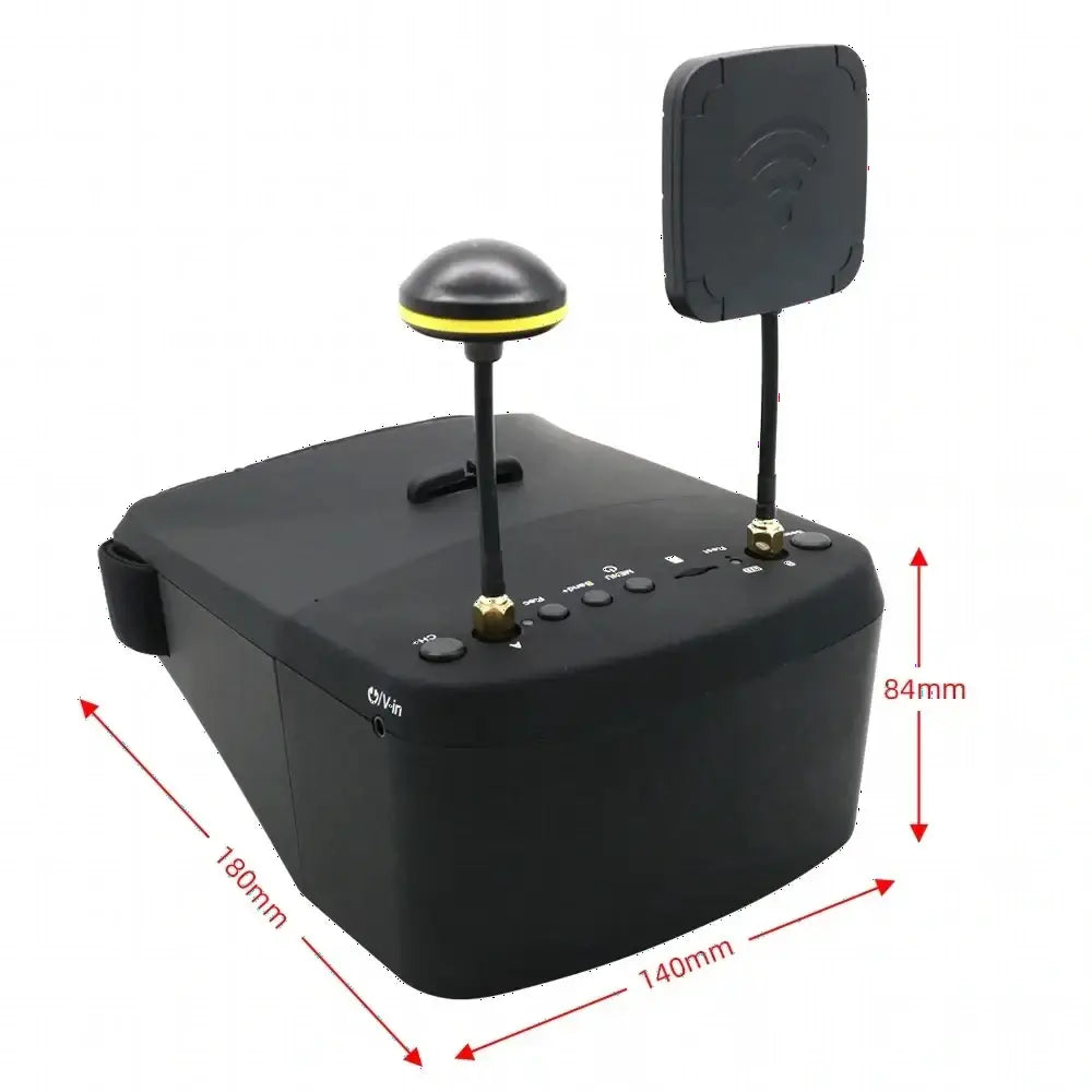 Lunettes FPV EV800D noires avec deux antennes, écran 5 pouces et DVR intégré.