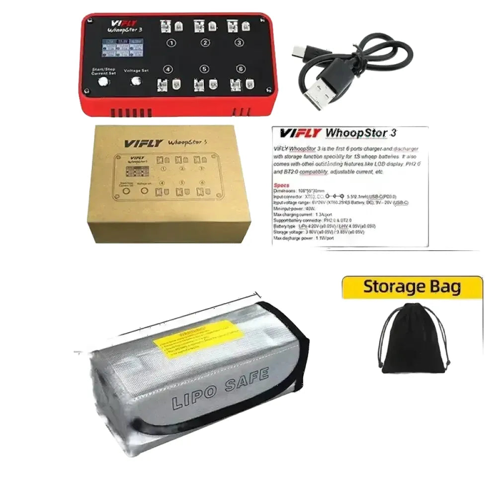 NOUVEAU VIFLY WhoopStor 3 V3 6 Ports 1S LIPO veHV Chargeur de Batterie Déchargeur Stockage LCD TYPE-C DC cruc60 Pour RC