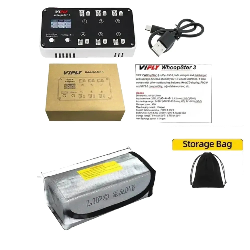 NOUVEAU VIFLY WhoopStor 3 V3 6 Ports 1S LIPO veHV Chargeur de Batterie Déchargeur Stockage LCD TYPE-C DC cruc60 Pour RC